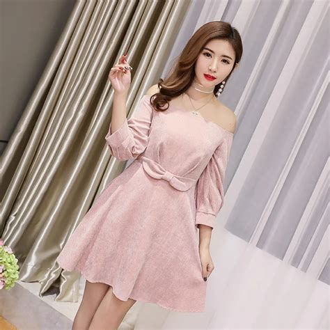 2018 Summer Korean Style Women Sexy Off Shoulder 3/4 Sleeves Bow A line Party Dress Female ...