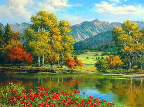 Calm river, art, lovely, bonito, trees, sky, lake, mountain, tranquil, calm, HD wallpaper | Peakpx