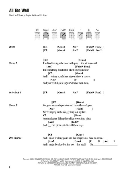 All Too Well by Taylor Swift - Guitar Chords/Lyrics - Guitar Instructor