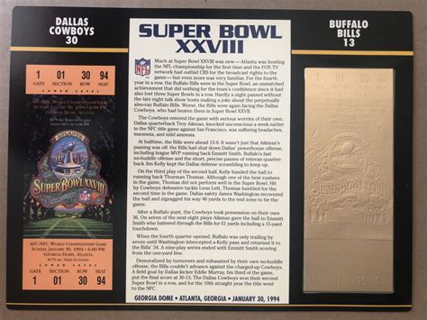 1994 Commemorative Super Bowl XXVIII Card with Ticket: Cowboys vs Bills ...