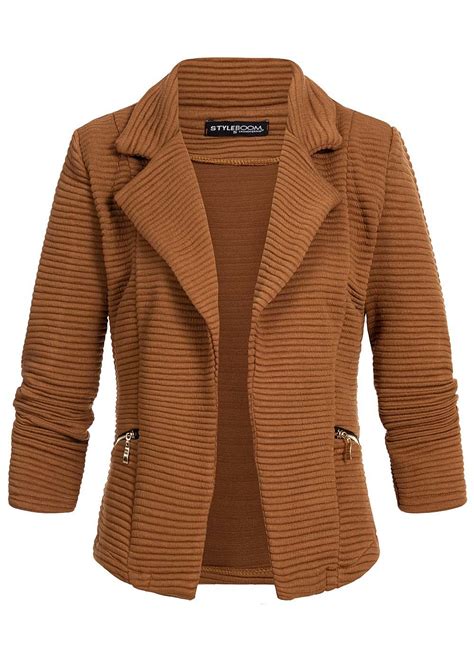 Styleboom Fashion Damen Ripp Blazer 2 Deko Zip Taschen camel braun - 77onlineshop