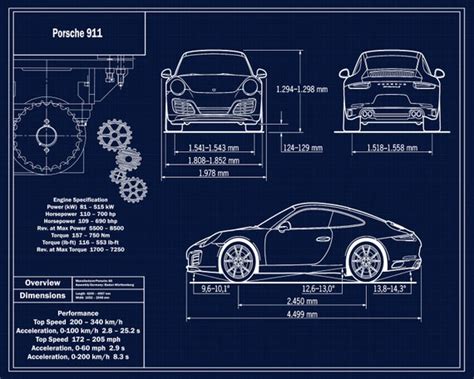 Porsche 911 Blueprint Wall Art Print Download Digital File | Etsy