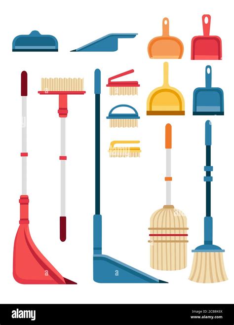 Scoop and brush for sweeping equipment for housework set of colored cleaner tools flat vector ...