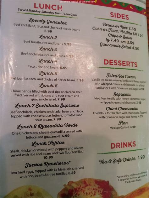 Menu at La Mesa restaurant, Gilbert