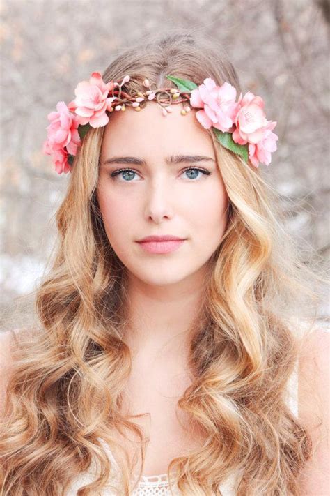 Peachy Floral Hair Crown, Woodland Flower Crown, Bridal Head Wreath ...