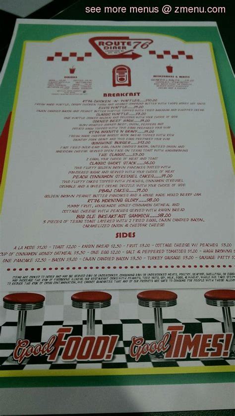 Menu at Route 76 Diner restaurant, Greenfield