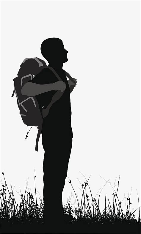 the silhouette of a man with a backpack is standing in tall grass and ...