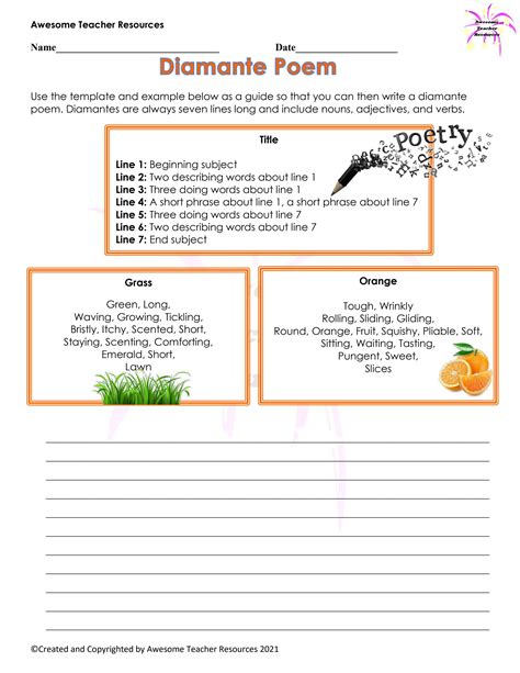 Diamante Poem Worksheet | Describing words, Poems, Diamante poem