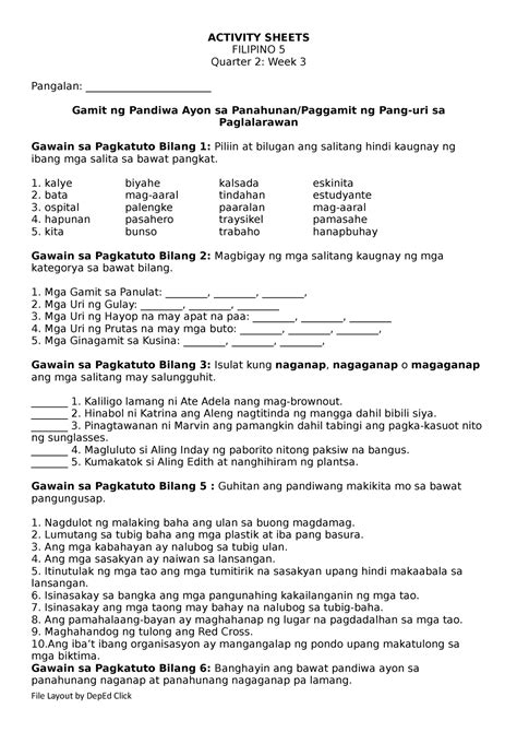 Filipino 5 Activity Sheet Q2 W3 - ACTIVITY SHEETS FILIPINO 5 Quarter 2: Week 3 Pangalan: - Studocu