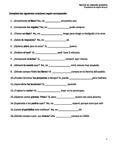 Spanish Direct Object Pronouns Worksheet with 50 gap filling exercises ...