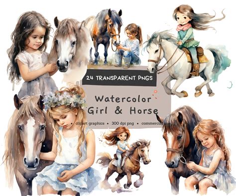 Girl & Horse Clipart, Cute Girl, Girl Riding Horse, Digital Pintables ...