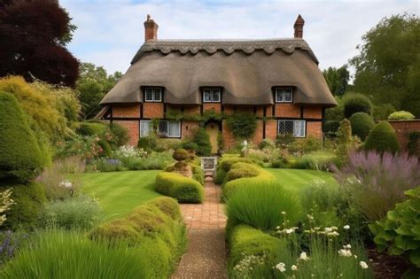 Premium AI Image | Tudor house with thatched roof and garden landscaping surrounded by natural ...