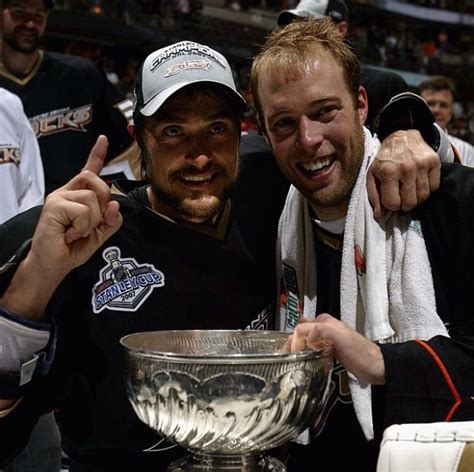 Teemu Selanne and J.S. Giguere celebrate winning their first Stanley ...