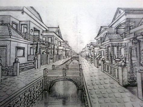 a pencil drawing of an alleyway with buildings and a bridge over water ...