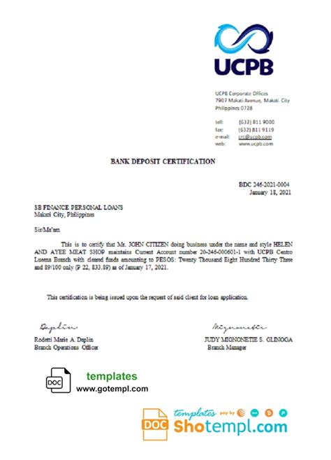 Philippines UCPB bank deposit certification letter in Word and PDF format | Reference letter ...