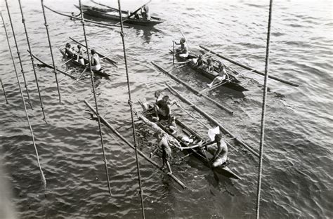 Filipinos on outrigger canoes or bancas near Mindanao in September 1945 ...