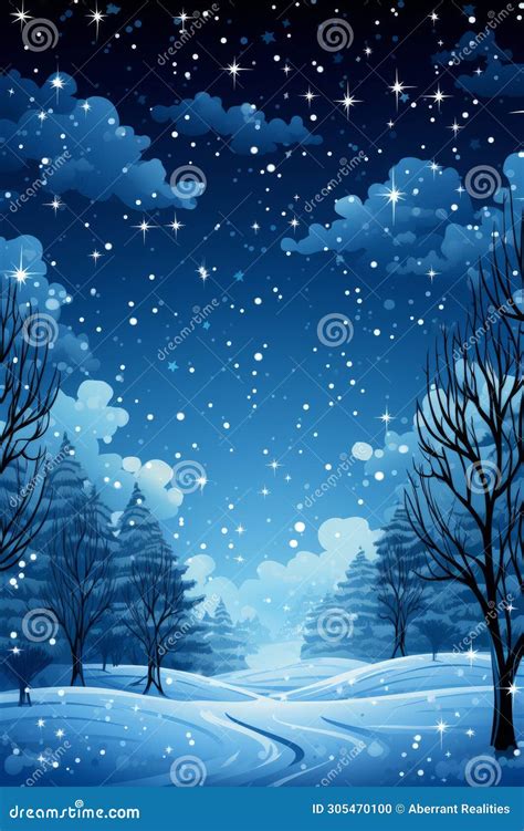 Vector Illustration of Winter Night Scene with Trees Snow and Stars ...