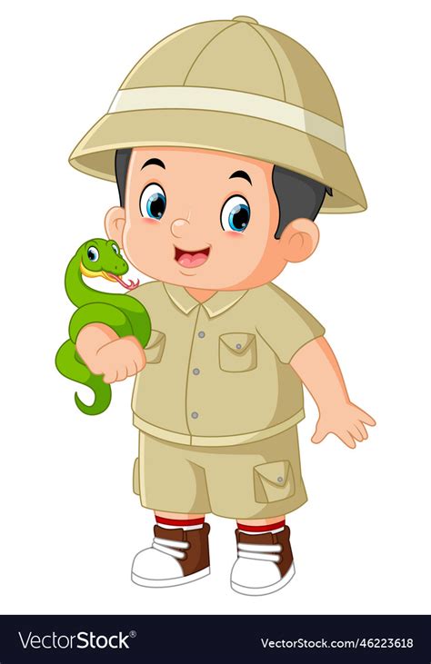 An adventurous boy posing with a green snake Vector Image