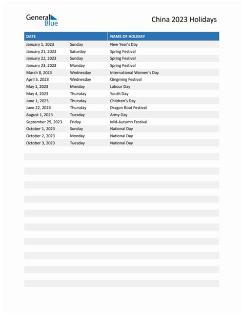 2023 China List of Holidays in PDF, Word, and Excel