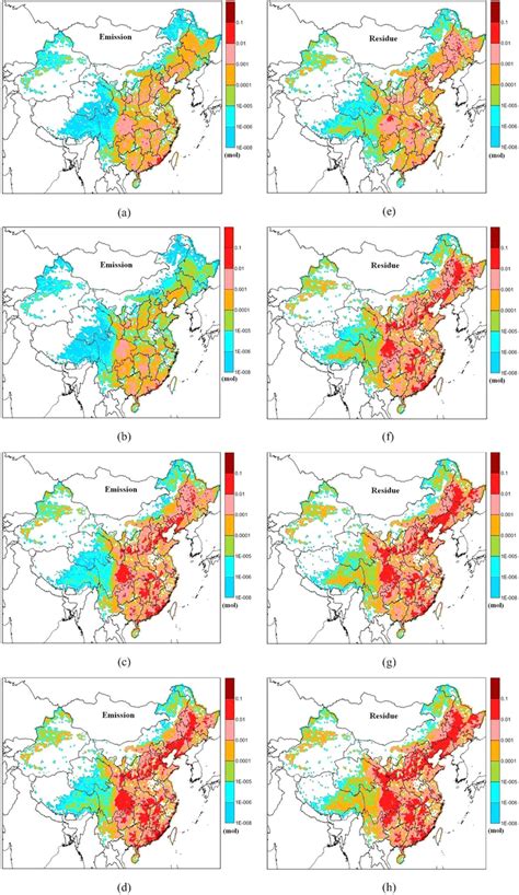 Spatial distribution patterns of cumulative emissions and residues for... | Download Scientific ...