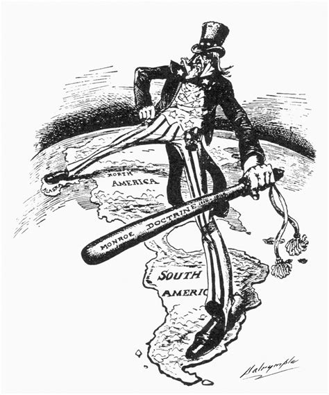 Monroe Doctrine Cartoon. /Nuncle Sam Straddles The Americas While Wielding A Big Stick Labeled ...