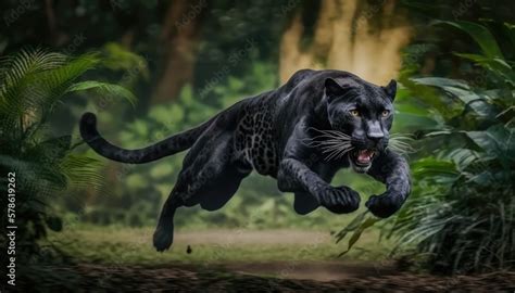 Angry panther in the jungle during a jump while hunting its prey ...