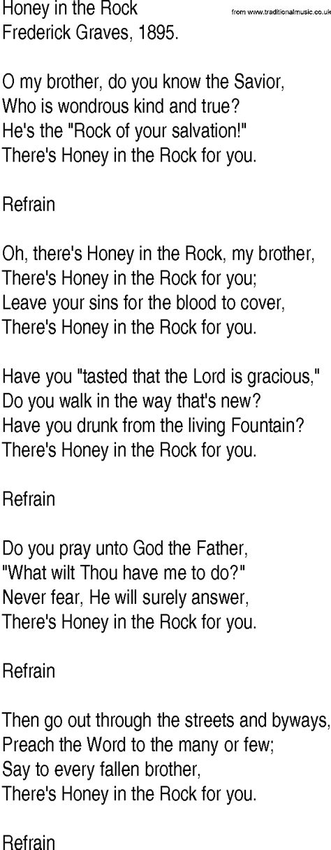 Hymn and Gospel Song Lyrics for Honey in the Rock by Frederick Graves