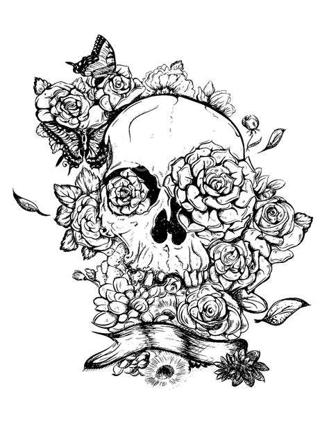 Squelette et roses pour tatouage - Coloriages Tatouages difficiles pour ...