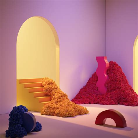 an assortment of colorful objects on display in a room with purple walls and arches around them