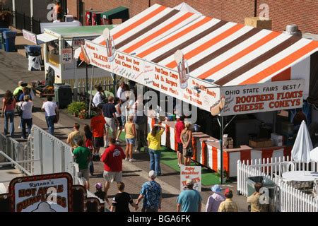 Food Vendor Stands at Ohio State Fair. Columbus, Ohio, USA. Trash and Recycle bins visible at ...