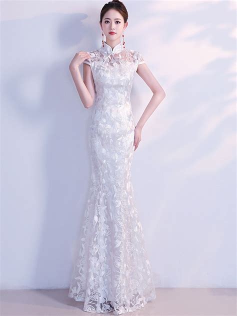 White Lace Fishtail Qipao / Cheongsam Wedding Dress - CozyLadyWear