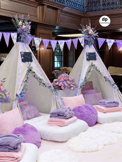 Party in Purple sleepover setting. Party rentals. Teepee sleepover par… | Girls birthday party ...