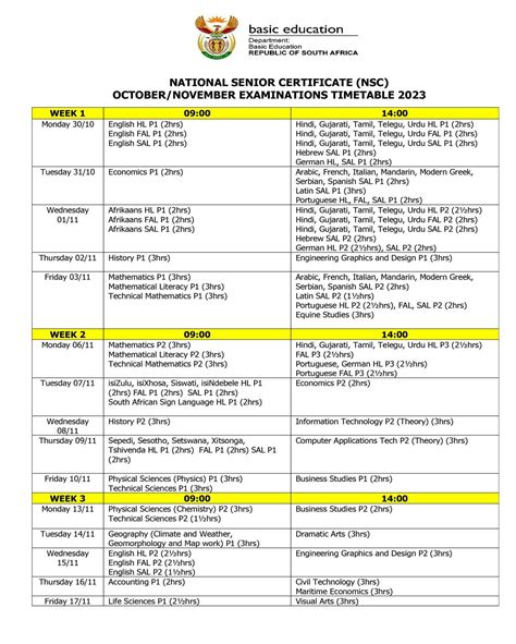 2023 Grade 12 (Matric) Final Exam Timetable