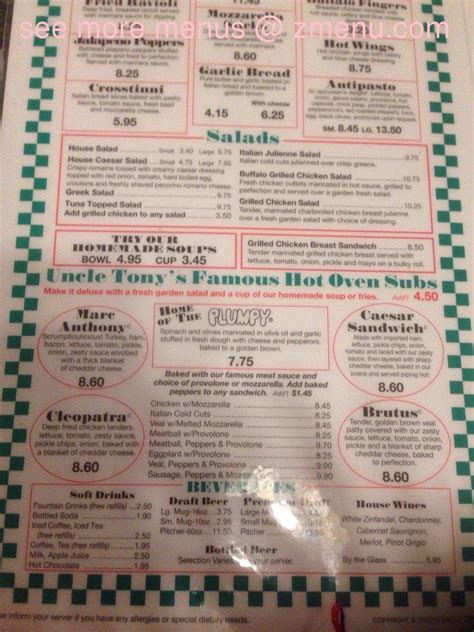 Menu at Uncle Tony's Pizza & Pasta pizzeria, East Providence, 260 Newport Ave