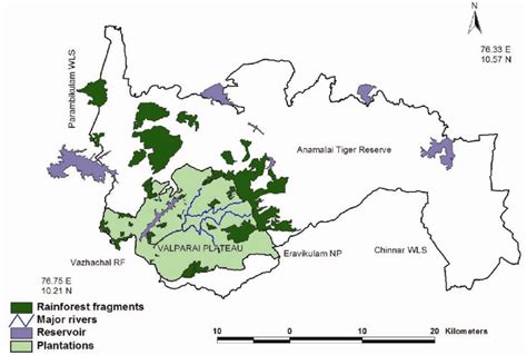 Map of Valparai plateau (light green) and surrounding Anamalai Tiger... | Download Scientific ...