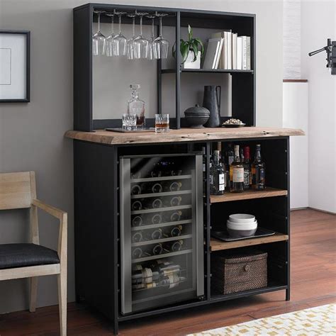 Morgon Live Edge Metal and Wood Wine Bar with Wine Refrigerator