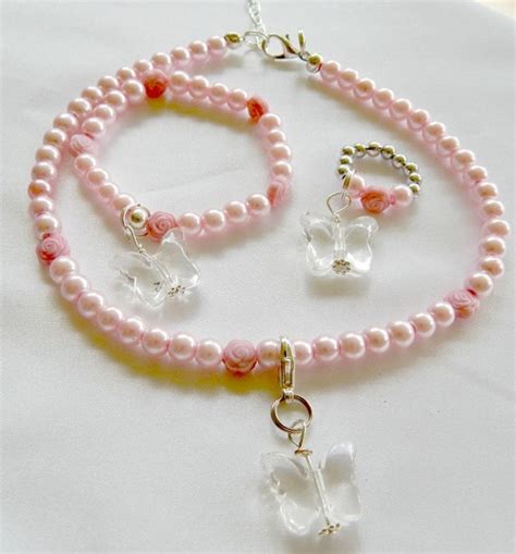 Items similar to Little Girls Jewelry, Pink Pearl Crystal Butterfly ...