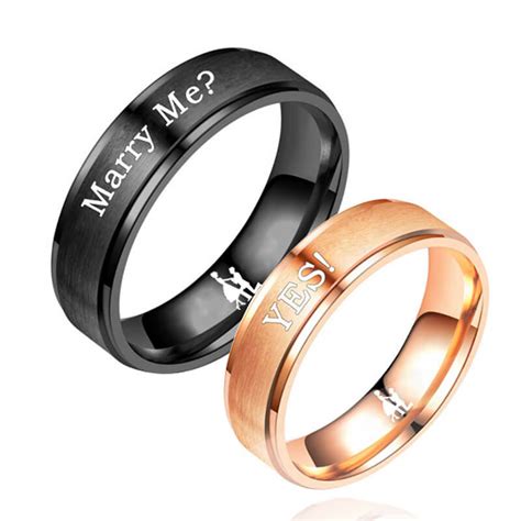 Black and Rose Gold Couple Promise Rings Engraved Marry Me? Yes！ – GardeniaJewel