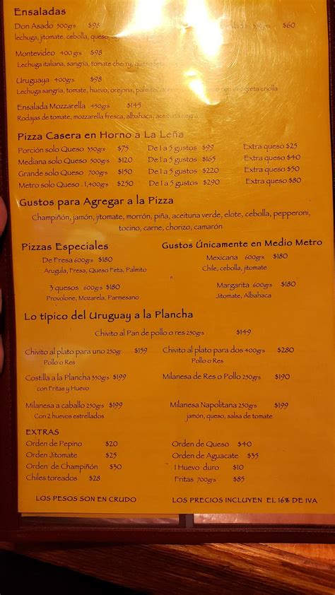 Menu at Don Asado restaurant, Mexico City, Av. Homero 428
