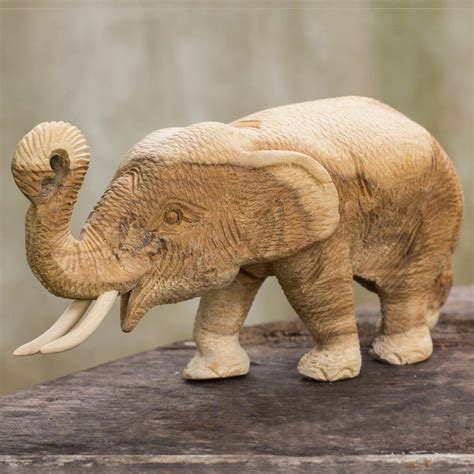 Hand Carved Teak Wood Elephant Statuette from Thailand - Elephant Play | NOVICA