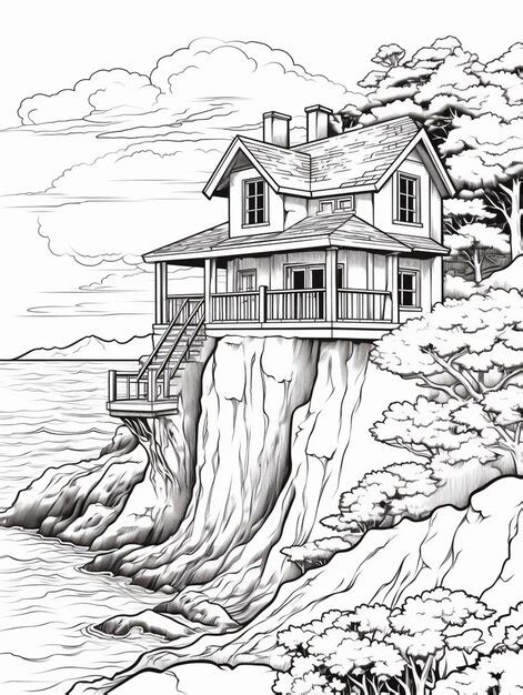 Premium AI Image | a drawing of a house on a cliff overlooking the ...