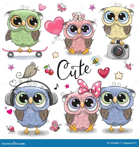 Set of Cute Owls on a White Background Stock Vector - Illustration of ...