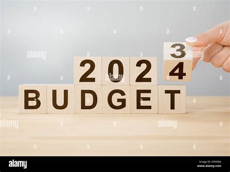 Business concept of planning 2024. Businessman flips wooden cube and changes words BUDGET 2023 ...