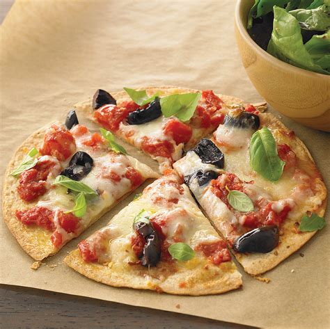 two-cheese tortilla pizza with arugula salad