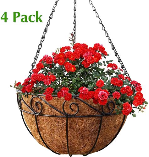 Metal Hanging Planter Basket with Coco Liner, 4 Pack, 14 in Diameter, Hanging Flower Pot...