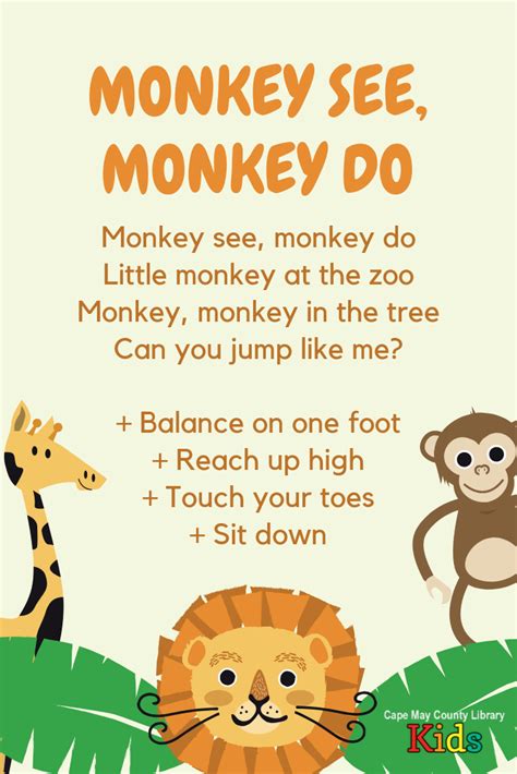 Monkey Storytime Rhyme | Kindergarten songs, Classroom songs, Preschool ...