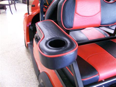 Deluxe EZ-GO, Club Car, & Yamaha Rear Seat Arm Rests w/Cup Holder- Black with Daredevil Red Piping