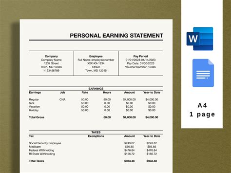 Personal Earning Statement Template, Pay Stub Form, Editable Pay Record Word, Employee Pay Stub ...