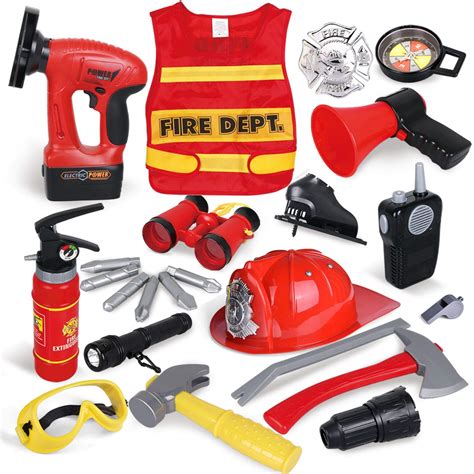 DeAO Washable Fireman Costume Set With 13 Fire Fighter Toy Accessories ...