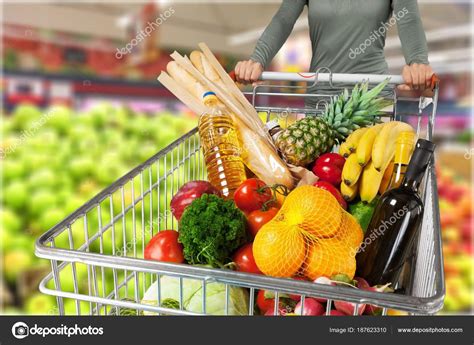 Close Shopping Cart Assorted Fruits Vegetables Background — Stock Photo © billiondigital #187623310